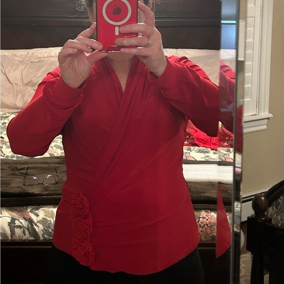 Lavena red rosette faux wrap top, size M - Picture 8 of 8
